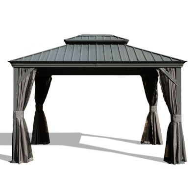 12' X 14' Hardtop Gazebo, Upgraded Metal Gazebo With Drainage System, Dual-Layer Galvanized Steel Roof, Curtain And Netting, Outdoor Shelter Canopy For Patio, Garden, And Backyard