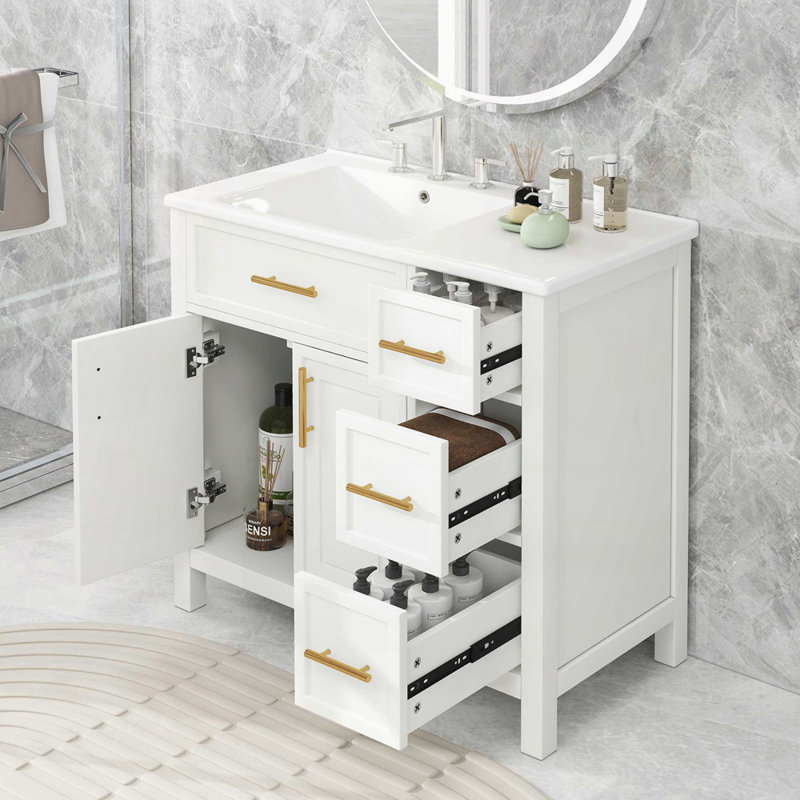 Meuble-lavabo 36 po avec comptoir d'évier, meuble-lavabo avec deux portes et trois tiroirs, Blanc