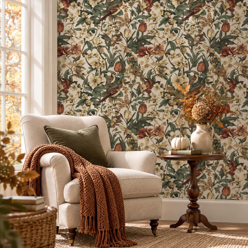 Floral Birds Peel and Stick Wallpaper, Vintage Botanical Pattern, Beige