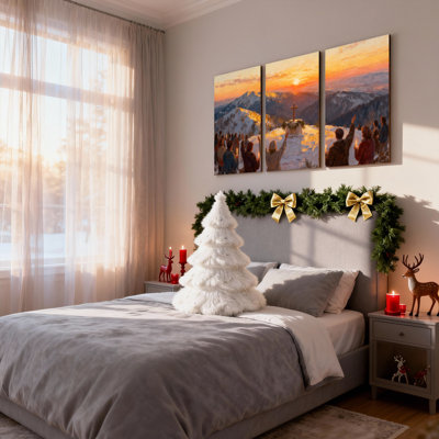 Christmas Sunset Mountain Cross Gathering People Snow Light Faith Set of 3 Canvas Wall Art Prints