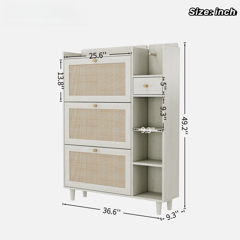 Bohemia Style Shoe Cabinet With 3 Rattan Flip Drawers, 3 Square Shelves And 1 Storage Drawer And Key Hooks, Antique White