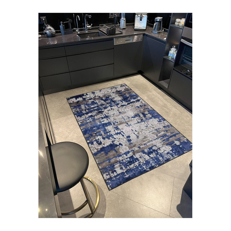Tapis bleu tissé moderne lavable à la machine, Sous-tapis rectangulaire de 3 pi 3 po x 4 pi 11 po