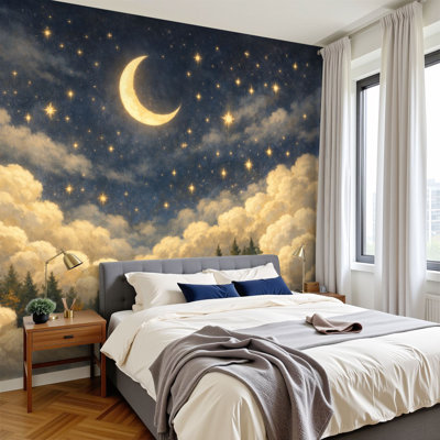 Peel and Stick Wallpaper Whimsical Night Sky Crescent Moon Stars Fluffy Clouds Wall Murals 100"H x 144"W Removable PVC Wall Paper Self-Adhesive Wall Decor for Bedroom Living Room Home Office