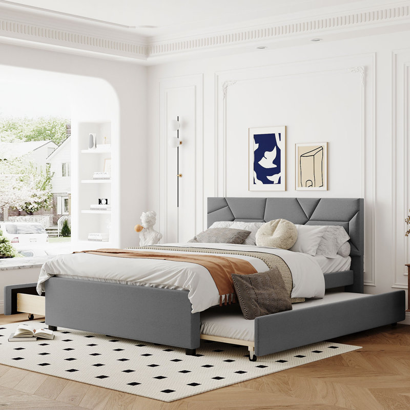 Size Upholstered Platform Bed With Brick Pattern Headboard, With XL Size Trundle And 2 Drawers, Linen Fabric,, Grey
