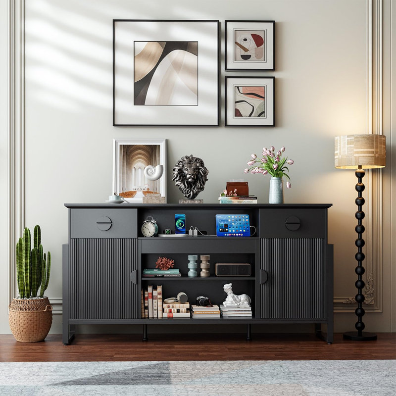70'' Fluted TV Stand with Charging Station , Entertainment Center For Tvs Up To 80", Tall TV Stand with Metal Legs Design for Living Room, Bedroom