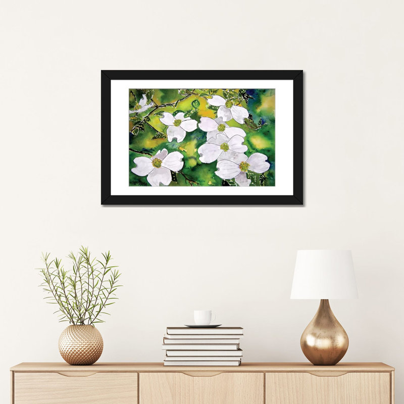 «Dogwood Tree Flowers», impression sur toile, H 16 po x l 24 po x P 1 po, Papier d'art encadré noir, Blanc