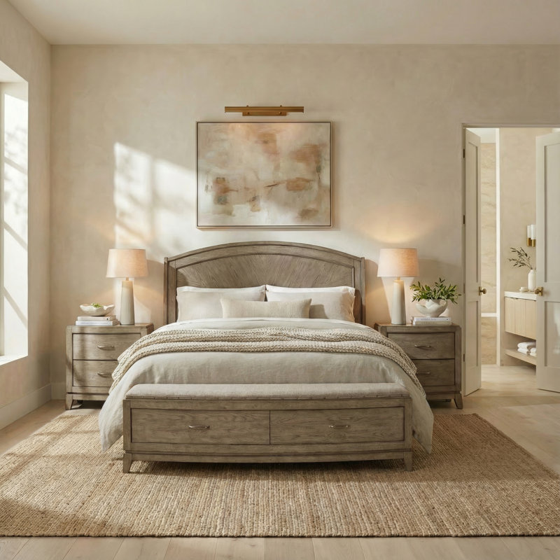 Ensemble de chambre avec lit à panneaux et deux tables de chevet Drelan, Très grand, Brun pâle
