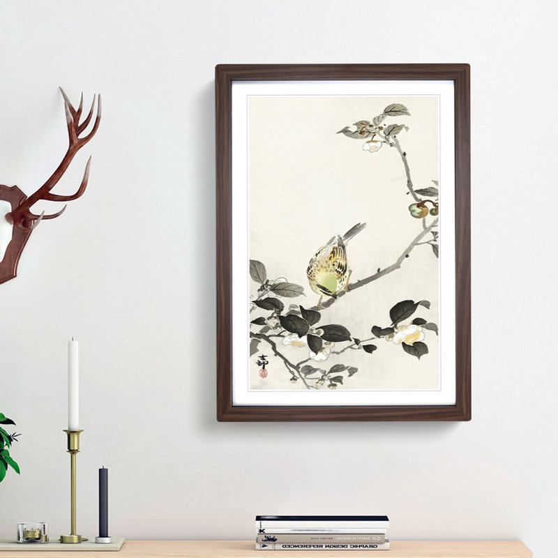 Bunting Bird on a Blossom Branch by Ohara Koson - Framed Print, Walnut Framed, 36cm H x 27cm W x 2cm D
