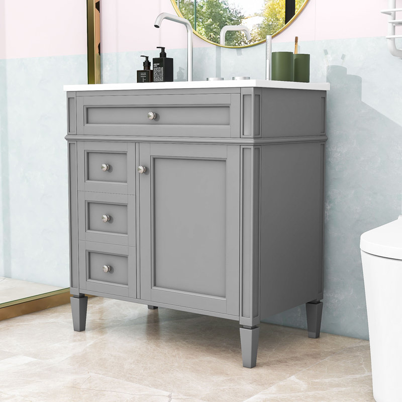 Sriyaan Bathroom Vanity with Ceramic Top, Bathroom Storage Cabinet with 2 Drawers and Tip-out Drawer, Gray, Silver