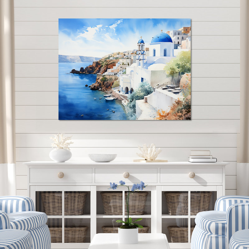 Grèce «Santorini Coastal View I», art mural Grèce, Toile tendue, H 12 po x l 20 po x P 1 po
