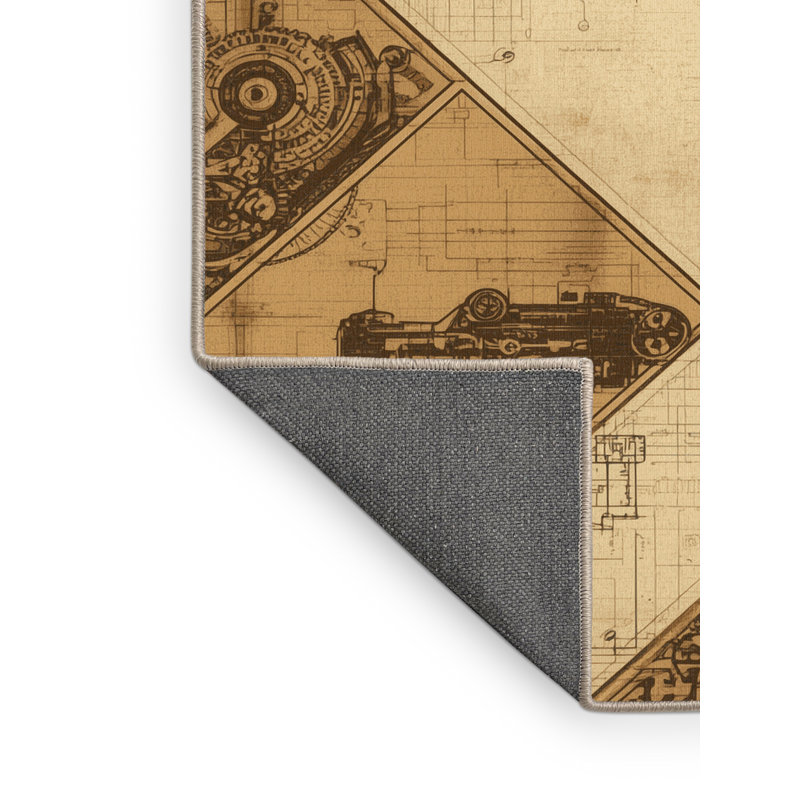 Soft Plush Cadwall Industrial Machine Drawing Traditional Vintage Look Area Rug in Brown – Beige Binding, 5x7