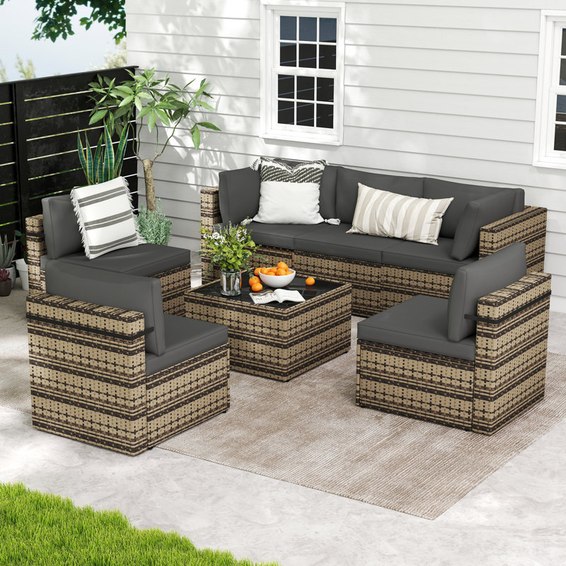 Ensemble de conversation modulaire en rotin 7 pièces avec coussins Arwynn, Brun, Black