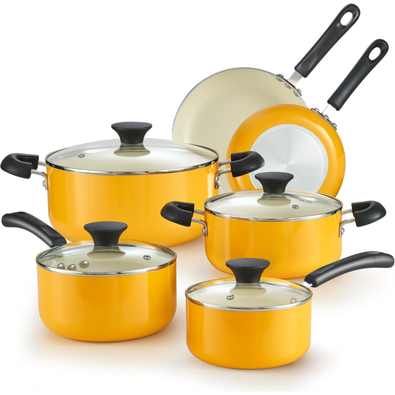 Yellow Nonstick Aluminum 10-Piece Cookware Set with Glass Lids