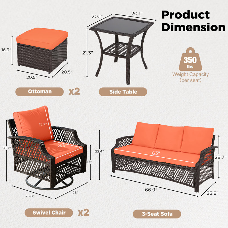 Ensemble de meubles de patio 6 pièces, ensemble de conversation en osier avec chaises pivotantes, 2 repose-pieds et table basse avec rangement