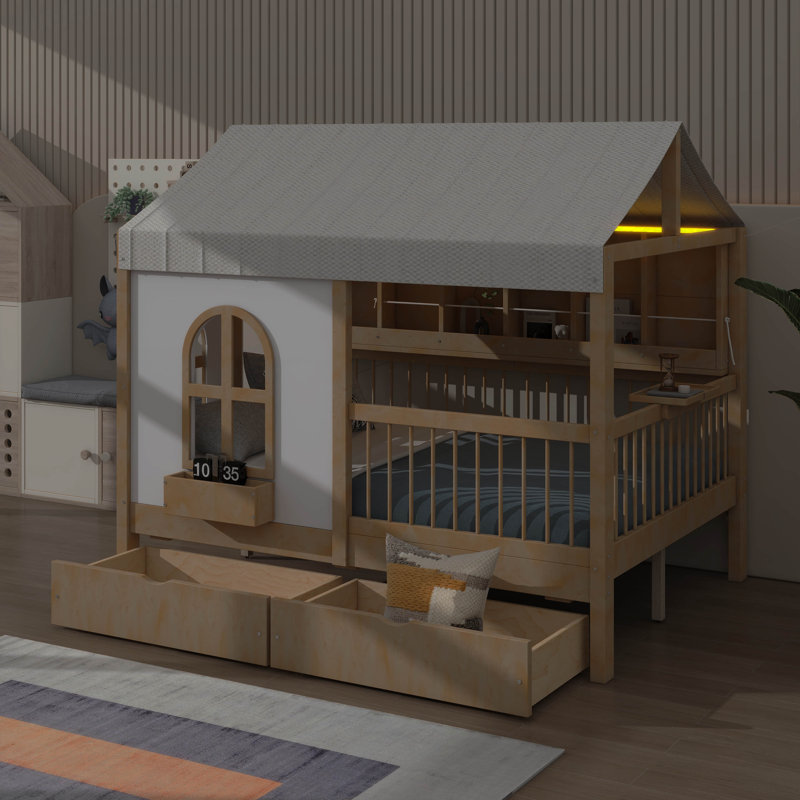 Lit double inspiré de la maison avec bibliothèque latérale intégrée et éclairage à DEL, rails de sécurité surélevés, Naturel