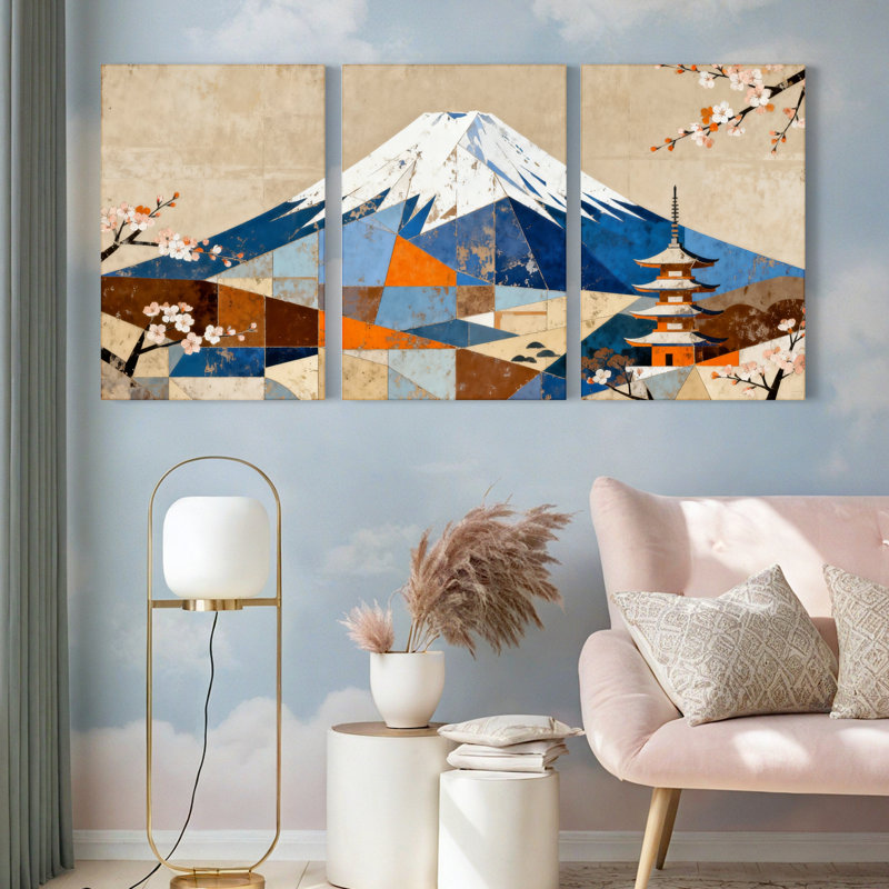 Tableau géométrique sur toile tendue représentant le mont Fuji et les fleurs de cerisier (ensemble de 3), H 18 po x l 36 po