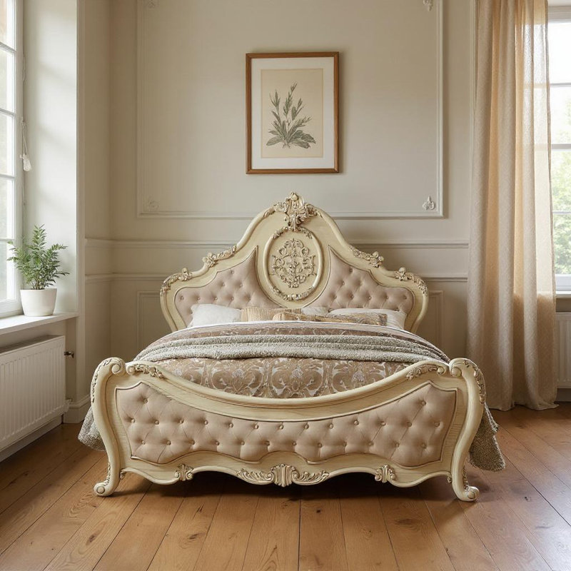  Structure de lit pour grand lit en bois beige et lin capitonné Brighton avec garniture cloutée - Grand, beige