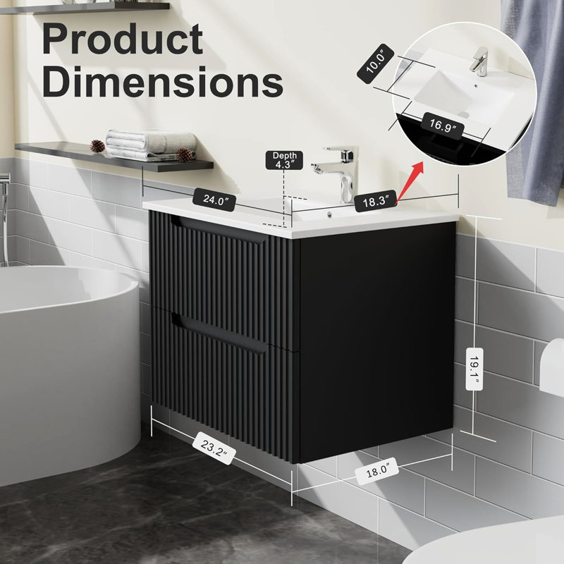 Meuble-lavabo suspendu de 61 cm (24 po), fixé au mur avec lavabo, noir, système de fermeture amortie, meuble-lavabo au style épuré et ouvert, gain d'espace au sol