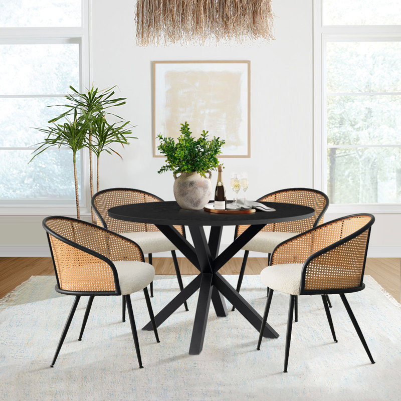 Bertwalda 4 - Person Dining Table Sets With 39.4'' Round Table & 4 Upholstered Boucle Armchairs, White/Black/Oak