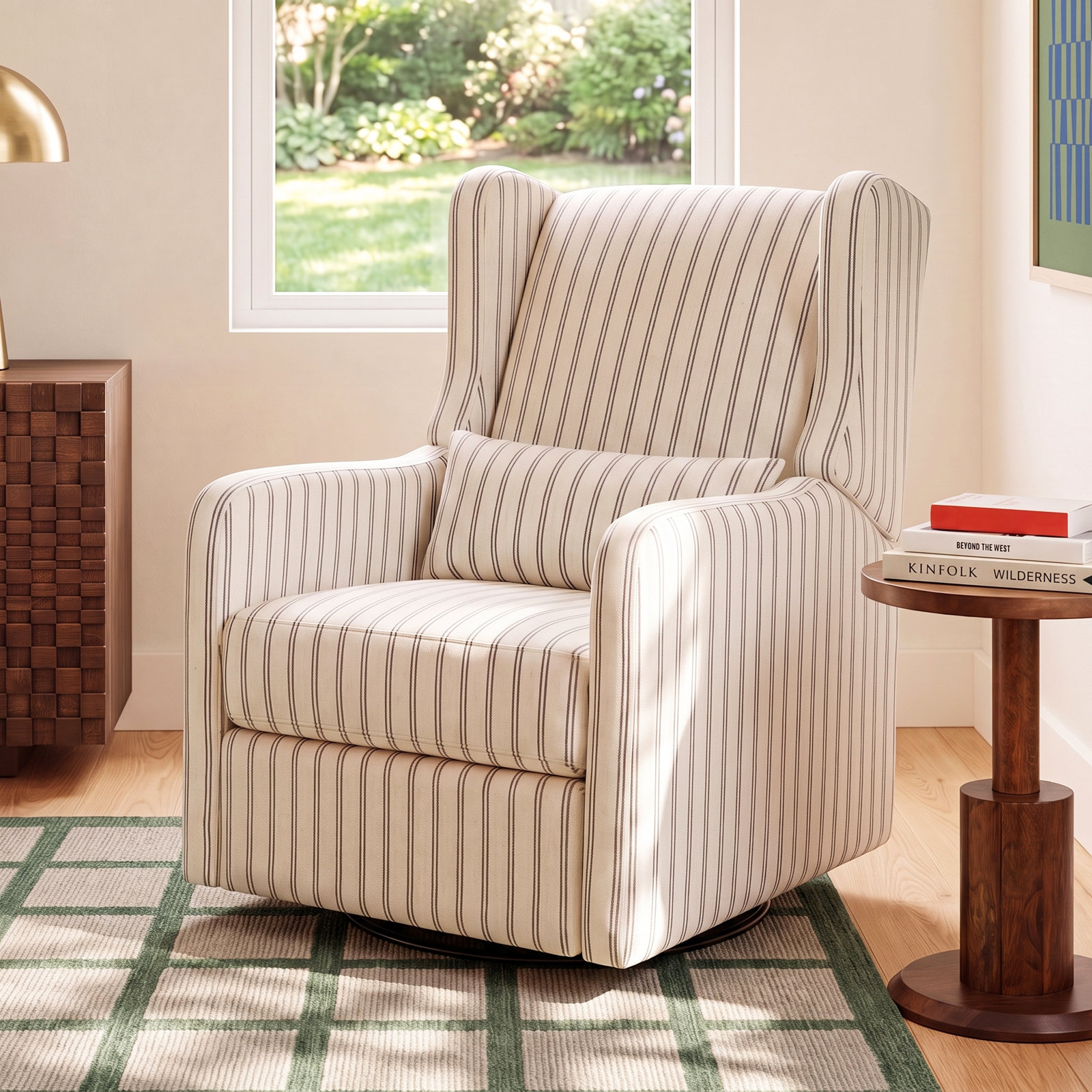 Arlo Linen Swivel Glider, Performance Charcoal Double Stripe Linen