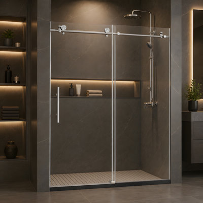 Clear Glass Frameless Sliding Shower Door with Quiet Rollers, 60" W x 74" H, Brushed Nickel