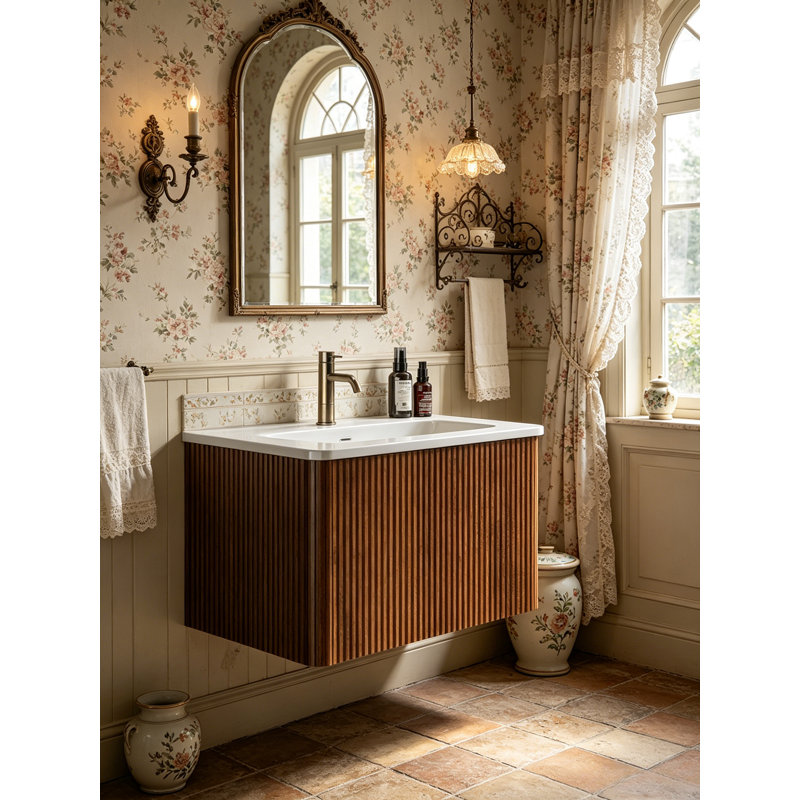 Meuble-lavabo flottant avec lavabo en céramique et tiroir à ouverture par pression, Noyer, 24"
