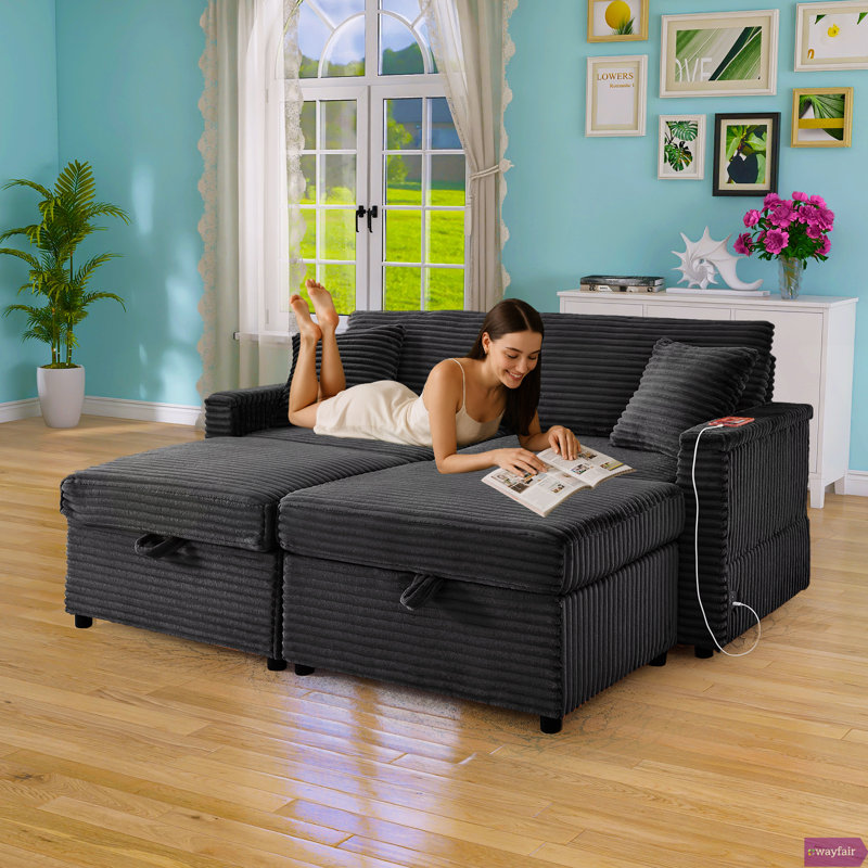 68" Comfortable Corduroy Lazy Sofa,Large-sized loveseat with an extra-soft chaise lounge,Ottoman with storage space, comes with a small table board,Suitable for combined living-bedroom spaces (or open-plan living areas)