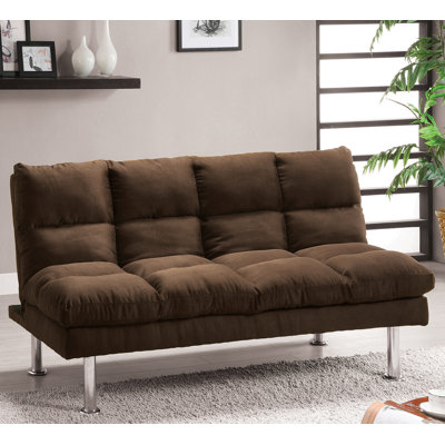 Contemporary Microfabric Futon Sofa Bed With Extra Leg Support And Chrome Base, Dark Brown Finish For Versatile Use