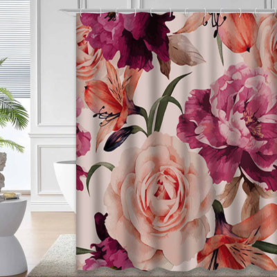 Waterproof Watercolor Rose Floral Bath Vintage Peony Shower Curtain with 12 Hooks