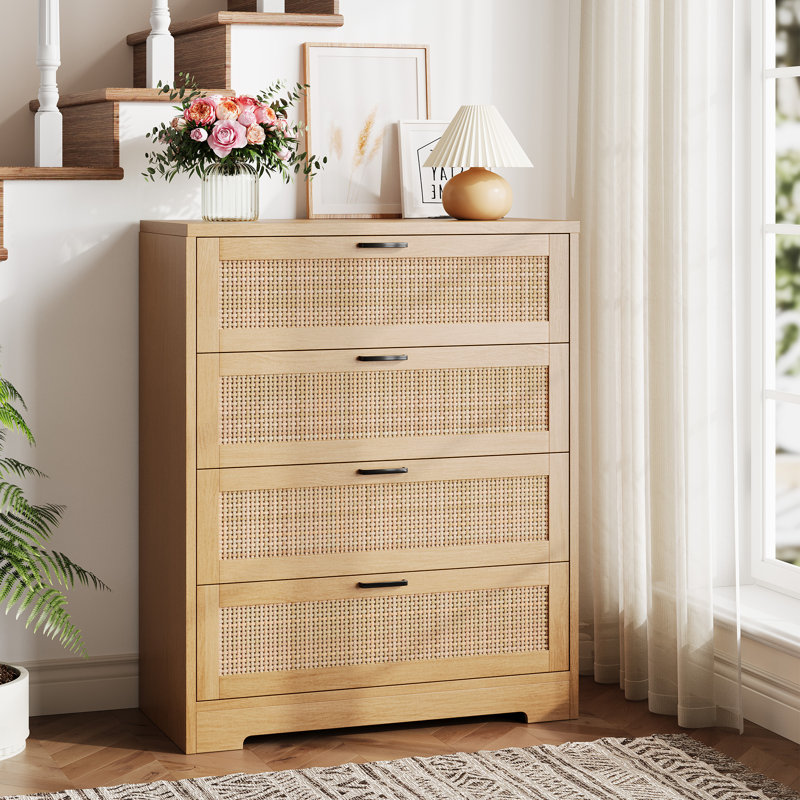 Commode haute pour chambre à coucher, commode en bois avec accents en rotin, Jaune