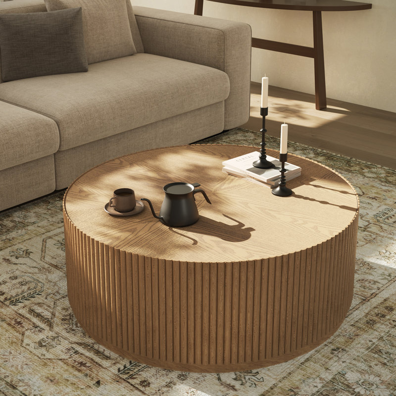 Fully Assembled Modern 31.5" & 35" W Contemporary Round Coffee Table with Solid Wood Fluted Base, 2 Hidden Storage Drawers & Wood Veneer Top