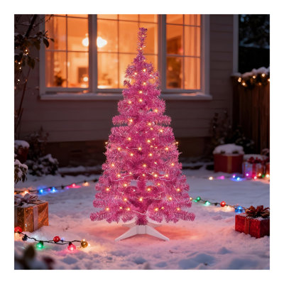 Arbre artificiel rose, arbre de Noël illuminé de 4 pi, épinette de pin éclairée avec lumières blanc chaud et 8 lumières à piles pour les fêtes de Noël