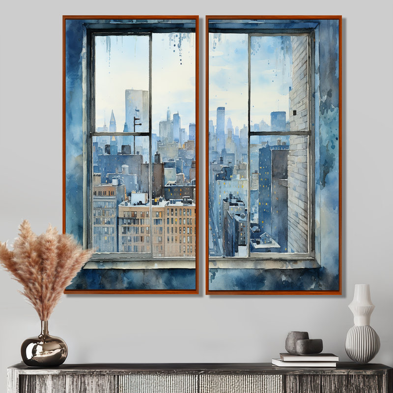Vue de fenêtre rétro bleu New York I - grand art mural de New York, 2 pièces, 32" H x 32" W, Brown
