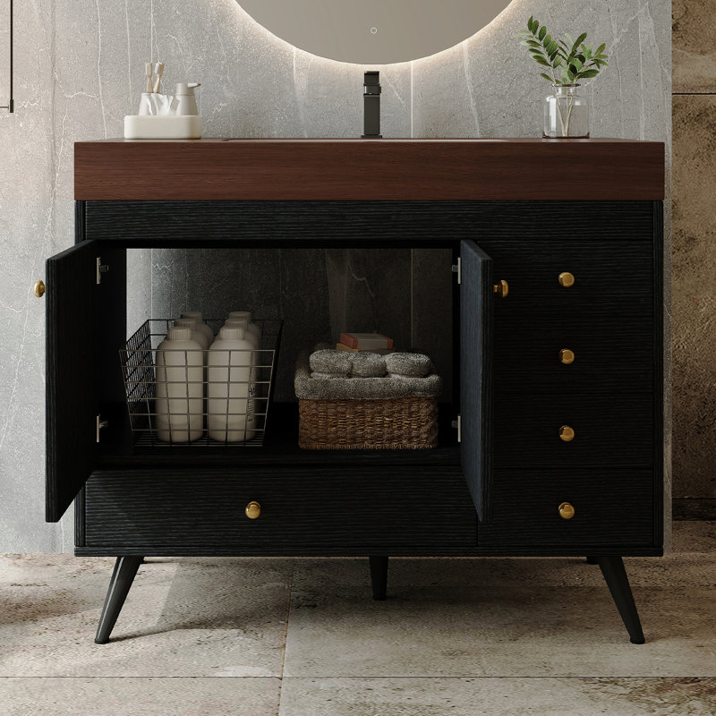 Meuble-lavabo autoportant 36 po avec comptoir en faux marbre, lavabo en céramique, 5 tiroirs et pieds en acier inoxydable