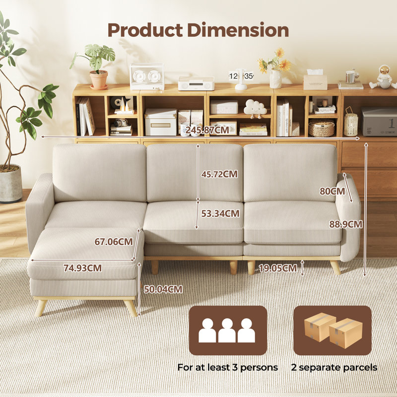 Modular Corner Sofa, L-shaped Couch With Movable Ottoman, Comfy Corduroy Couch With Spring Cushion, Light Grey