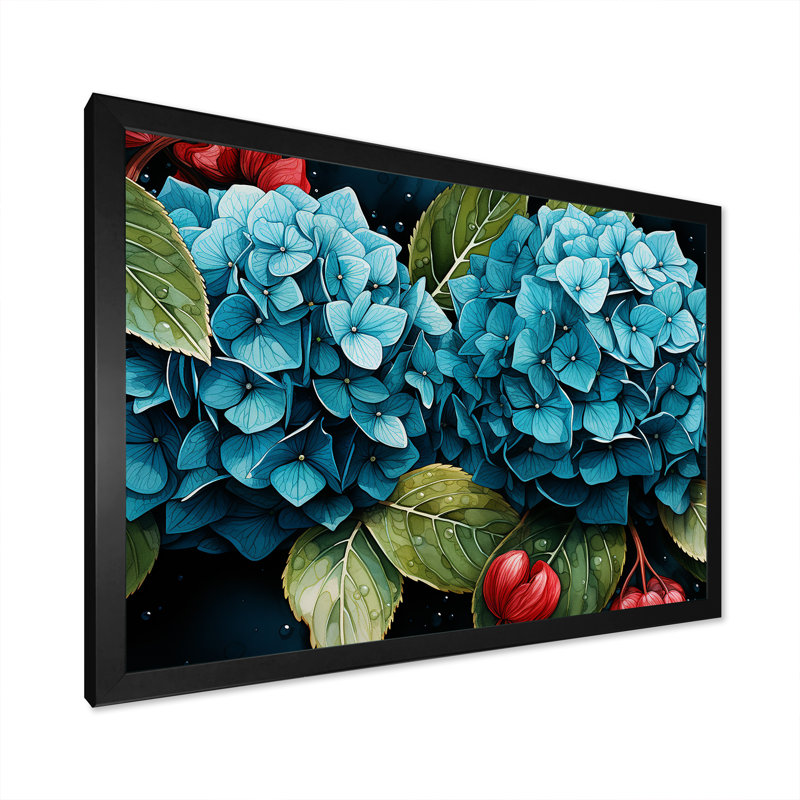 «Blue Hydrangea Bouquet Harmony - Hydrangea», art mural, Cadre d'angle fermé noir, H 12 po x l 20 po x P 1 po