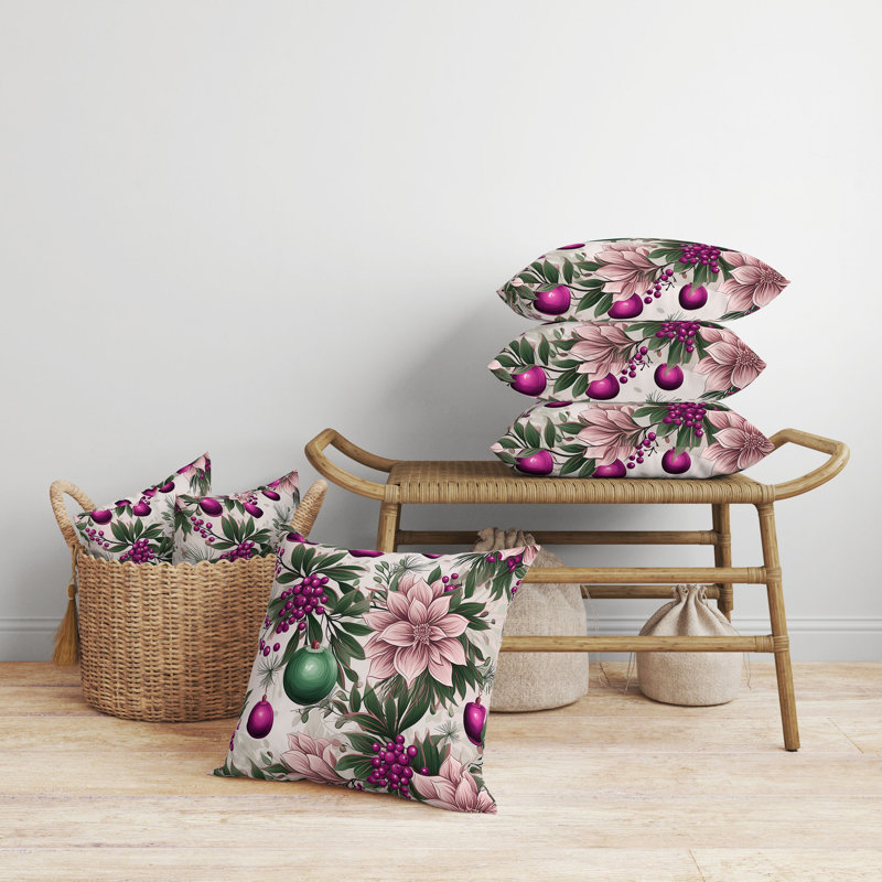 Coussin Festive Flurries, H 18 po x l 18 po, Floral rose / vert