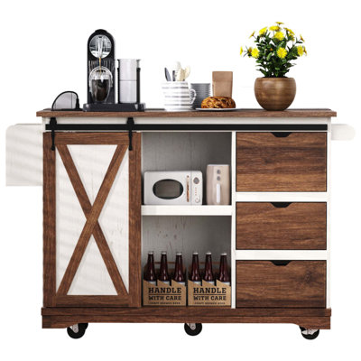 55.5" Farmhouse Kitchen Island With Drop Leaf, Kitchen Storage Island With Barn Door