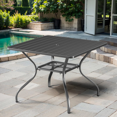 Merlene Powder-Coated Metal Frame Black Square Outdoor Patio Dining Table With Umbrella Hole by Lark Manor