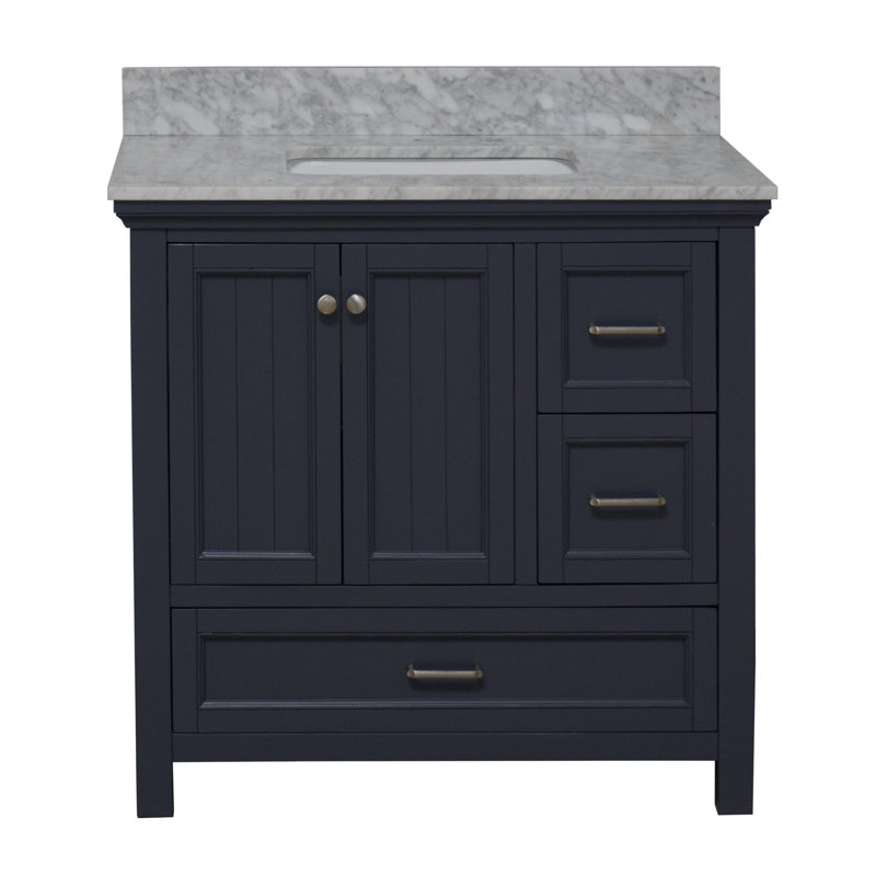 Ensemble de meuble-lavabo simple 36 po avec meuble gris marine et comptoir en marbre de Carrare Maven, Gris marine