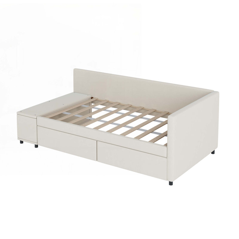 Lit plateforme tapissier en L avec rangement et tiroirs, Beige