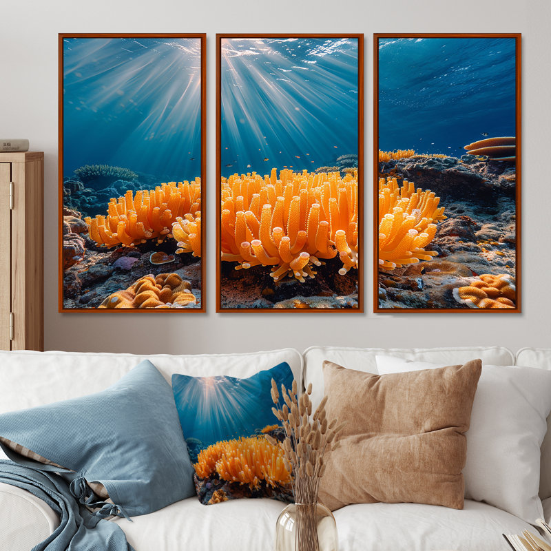 Richerson - ensemble d'impression d'art mural corail sous l'eau, H 40 po x l 60 po x P 1 po, Cadre flottant brun