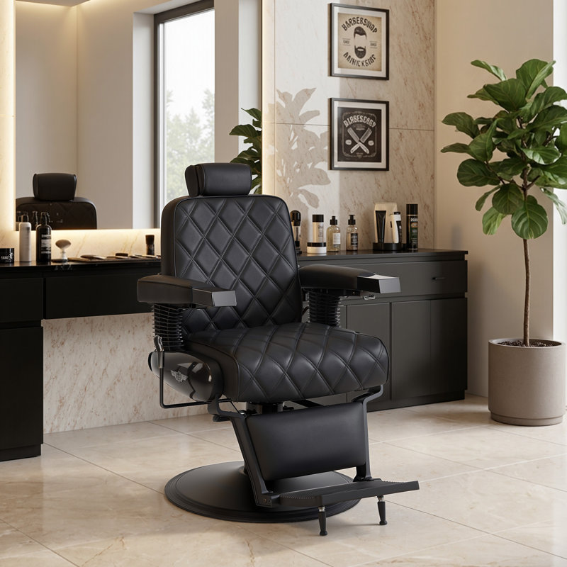 Fauteuil de barbier hydraulique vintage robuste et inclinable, pivotant à 360°, avec support pour sèche-cheveux