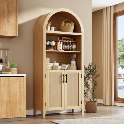 Bibliothèque arquée avec portes en rotin, étagère de présentation à 5 niveaux avec armoire de rangement, bibliothèque moderne avec ensemble anti-basculement pour salon, bureau, chambre à coucher