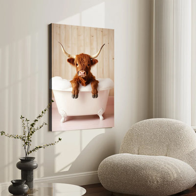 Cute Highland Cow In Bathtub With Bubble Foam Large Gallery Wrapped Canvas Wall Art Print For Living Room Bedroom