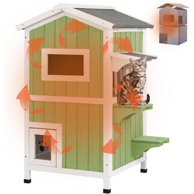 Insulated Outdoor Cat House, Weatherproof 2-Story Feral Shelter with Escape Doors, Green