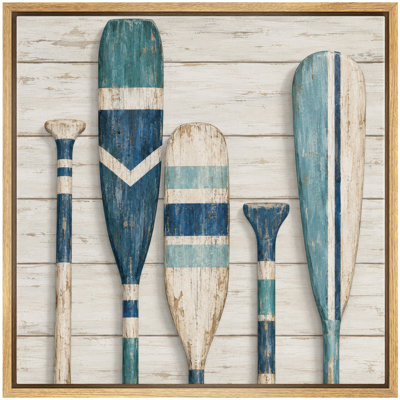Rustic Blue Wooden Oars Coastal Nautical Wall Art Decor Framed On Canvas Print