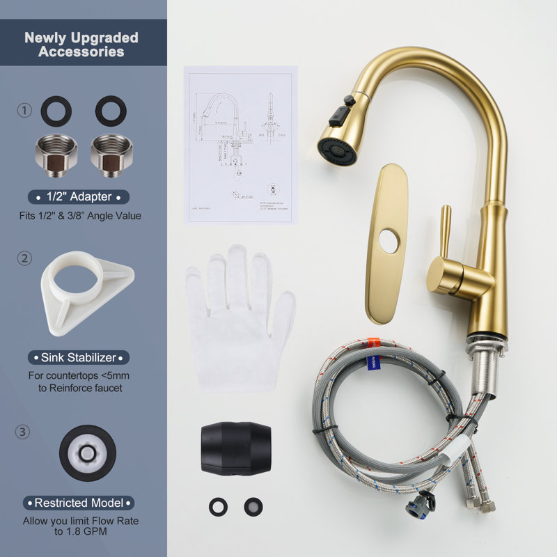 IVIGA Pull Down Single Handle Kitchen Faucet with Advanced Spray, Gold