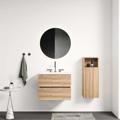 Meuble-lavabo mural 24 po en chêne brut avec lavabo en céramique intégré, 3 trous, trop-plein, grand rangement, look tendance, compatibilité multi-espaces, catégorie E1, tiroirs silencieux, capacité 20% supérieure