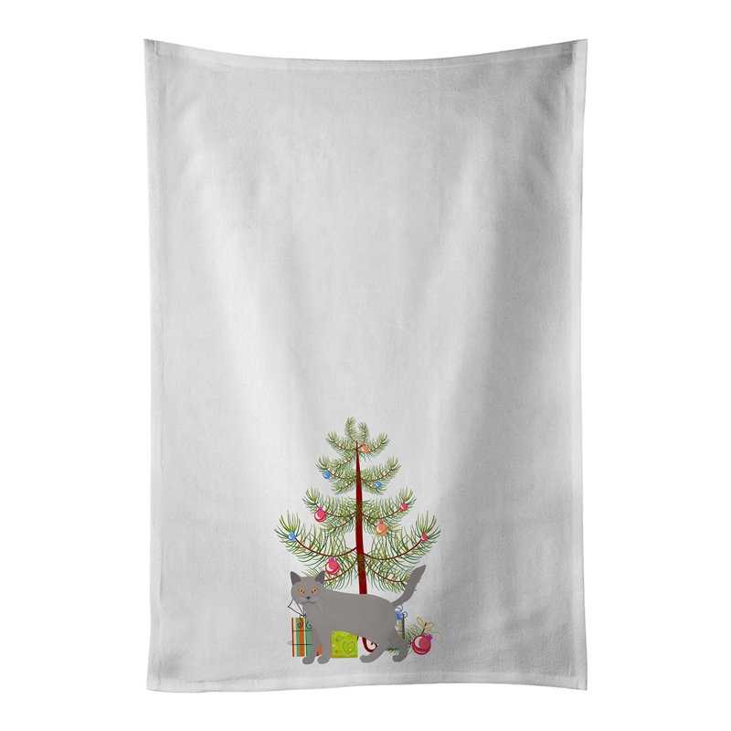Merry Christmas White Kitchen Towel Set Of 2, Chartreux #2 Cat